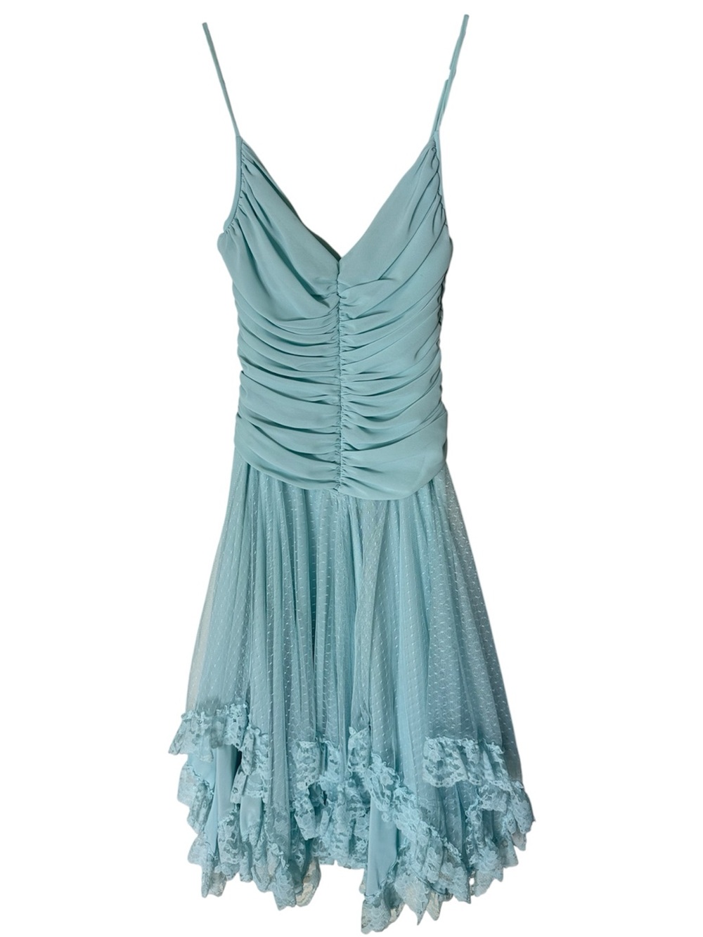 BY NIGHT Vintage Pale Blue Midi Dress Ruched Lace Layered Handkerchief Y2K Small